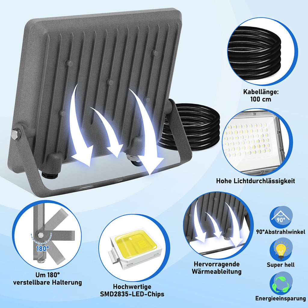 Cecaylie LED Fluter Außen 50–200W, IP65, 6000K Kaltweiß, LED Strahler 1–10 Stück