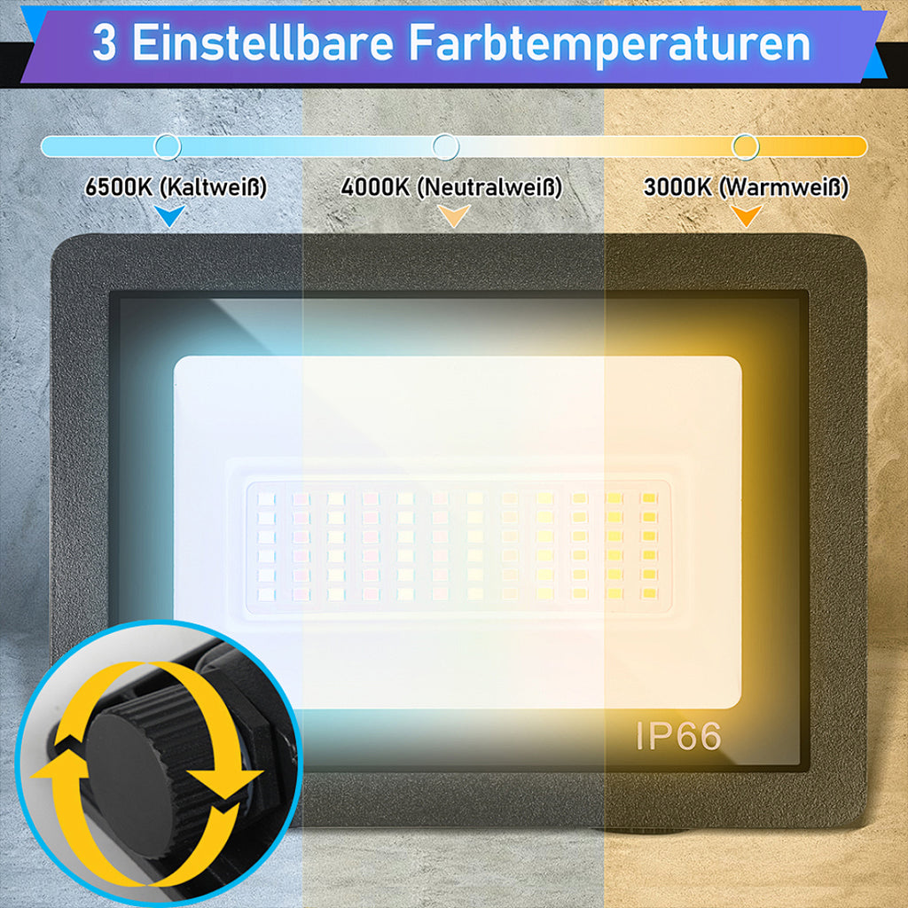 Cecaylie LED Fluter Außen 10–100W, 3 Lichtfarben einstellbar, IP66, 3000/4000/6500K