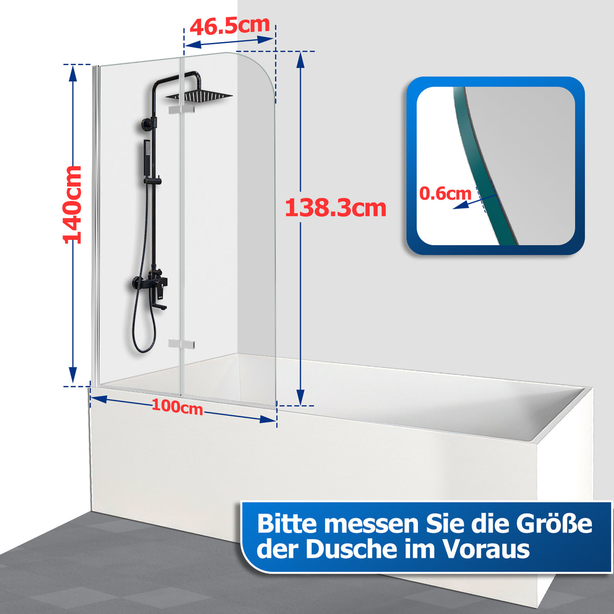 Cecaylie Badewannenaufsatz faltbar, 6 mm Sicherheitsglas, 100/120 × 140 cm, Nanobeschichtung