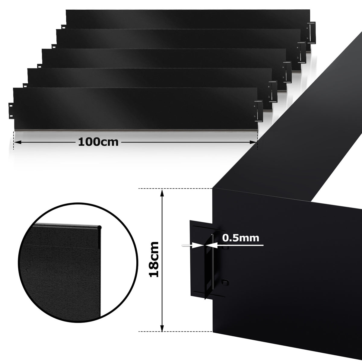 Rasenkante aus verzinktem Metall 15/18 cm hoch – 5–50 m, Silber oder Schwarz