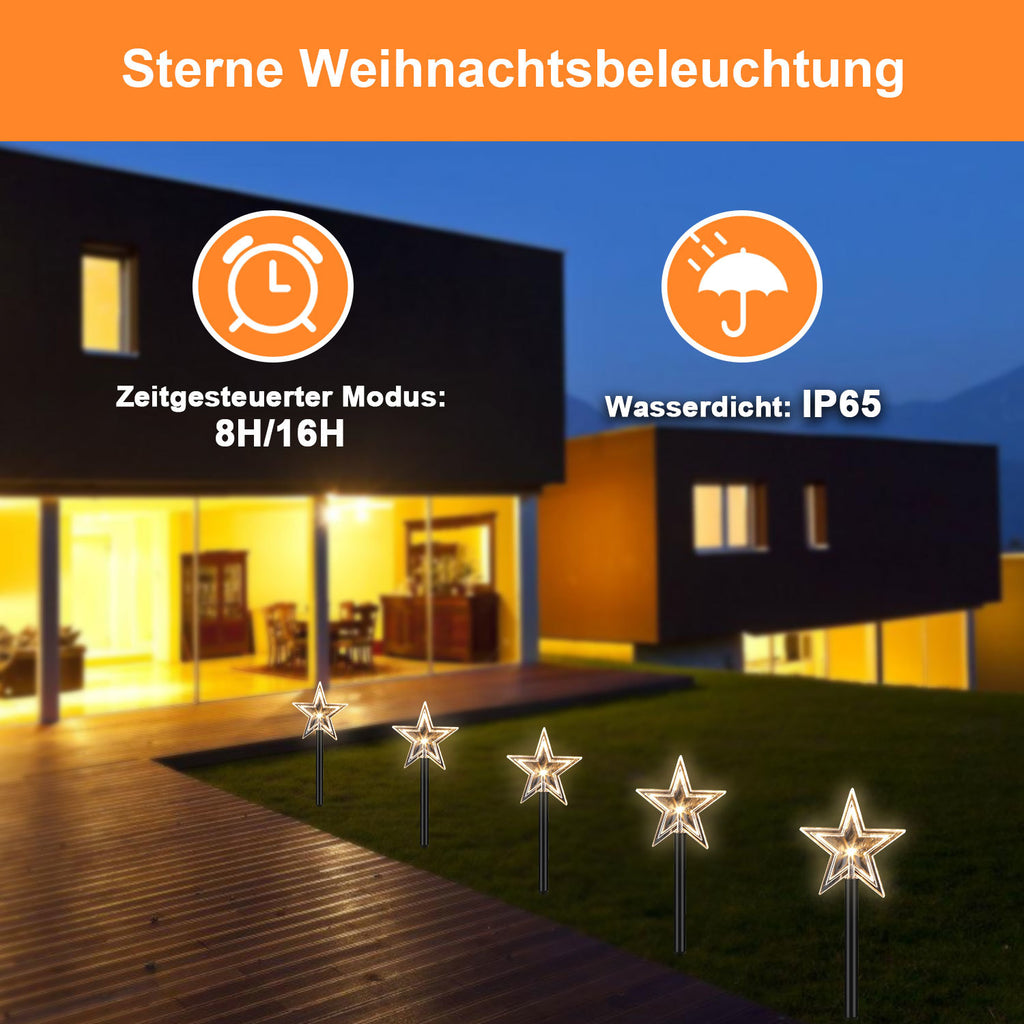 LED Weihnachtssterne Gartenstecker 5/10er-Set mit Timer, warmweiß
