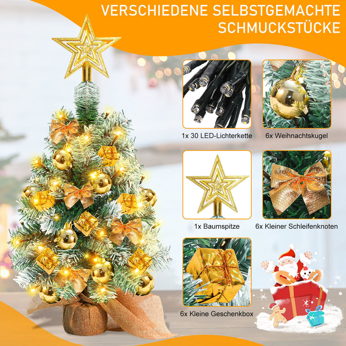 Mini-Weihnachtsbaum 40 cm mit 30 LEDs & 18 Ornamenten