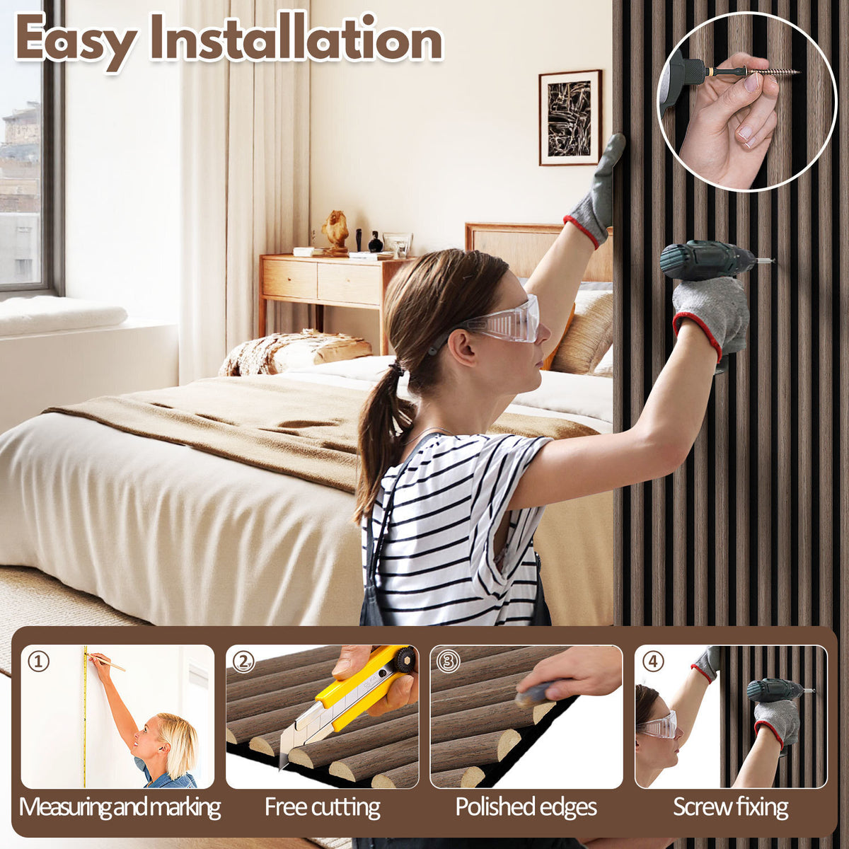 Akustikpaneele mit halbrunden Holzlamellen 120 × 60 cm – 1–4 Stück