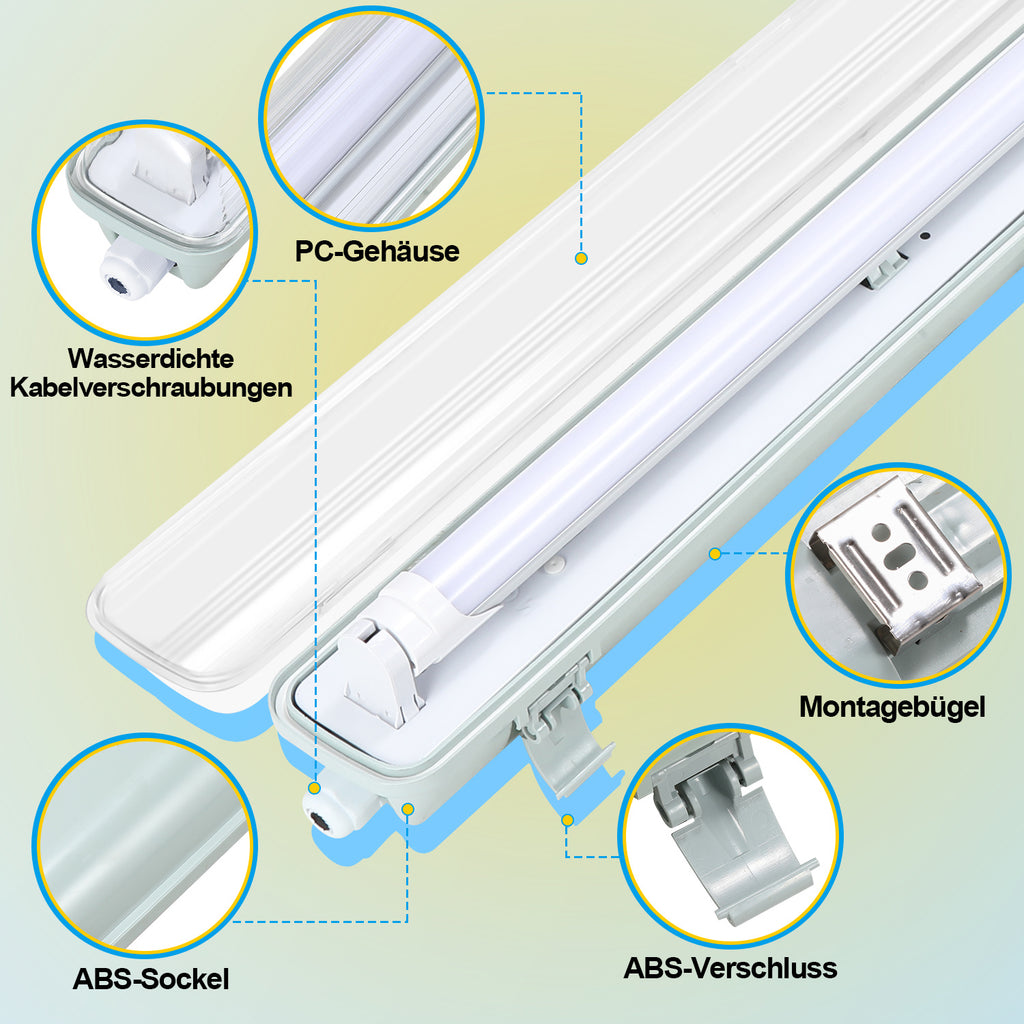 Cecaylie LED Feuchtraumleuchte IP65, 120/150 cm, Einrohr/Zweirohr
