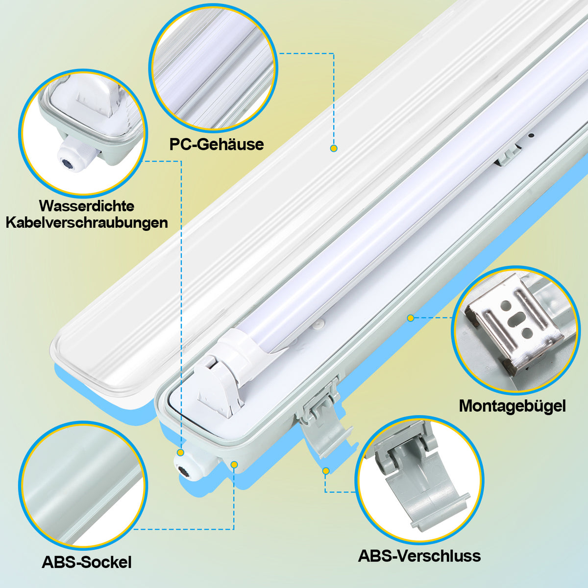 Cecaylie LED Feuchtraumleuchte IP65, 120/150 cm, Einrohr/Zweirohr