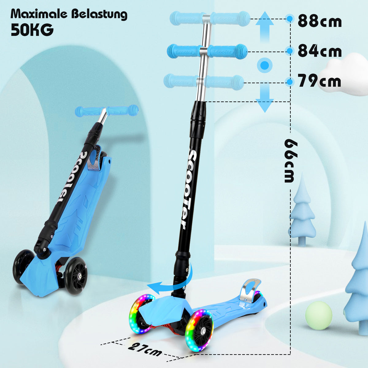 Cecaylie Faltbarer Dreirad-Scooter mit LED-Rädern, höhenverstellbar – 4 Farben