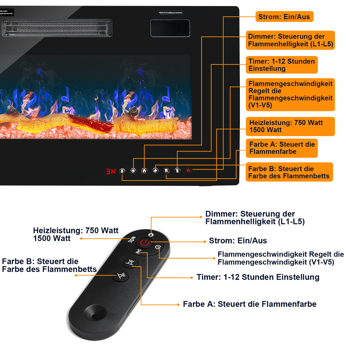Elektrokamin als Wand- oder Standkamin mit LED-Flamme, App & Fernbedienung
