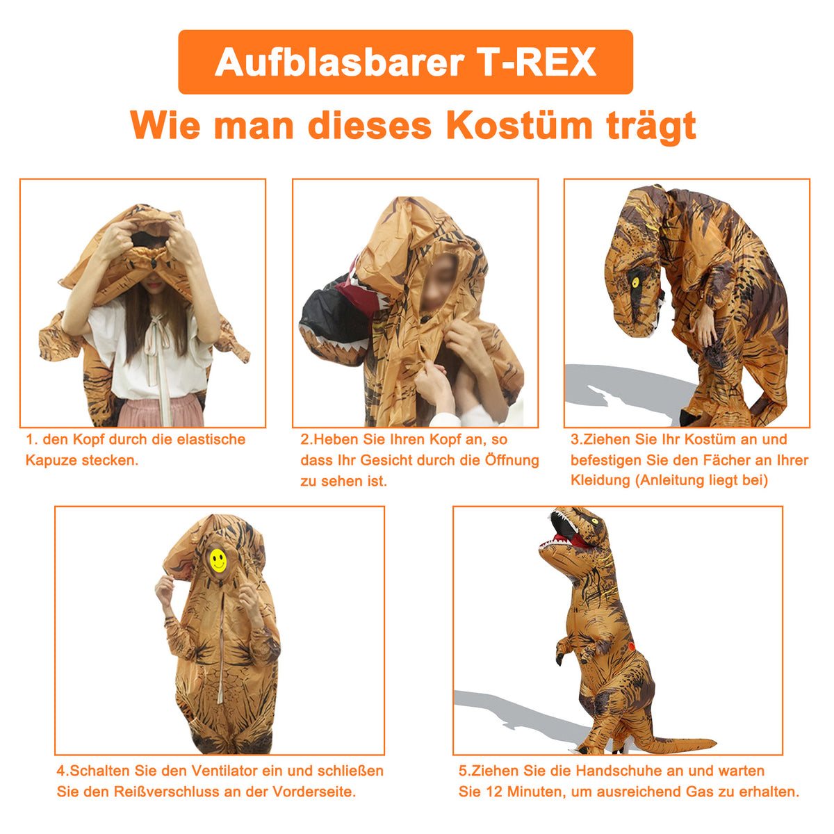 Aufblasbares T-Rex Kostüm für Erwachsene, 160–185 cm
