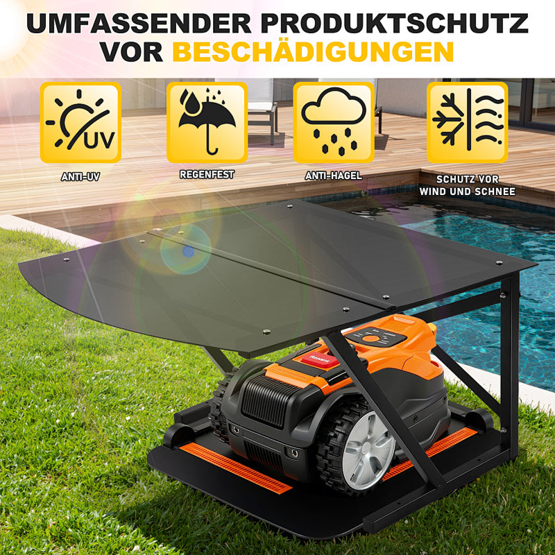 Mähroboter Garage mit PC-Dach als Schutz vor direkter Sonne und Regen