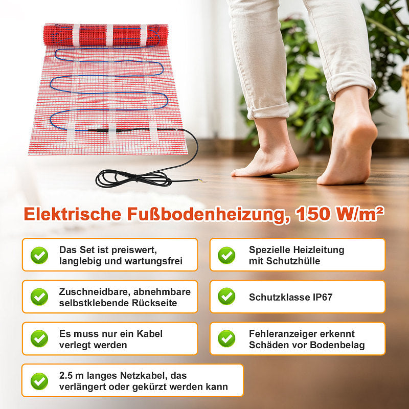 Elektrische Fußbodenheizung Heizmatte – Selbstklebend, verschiedene Größen